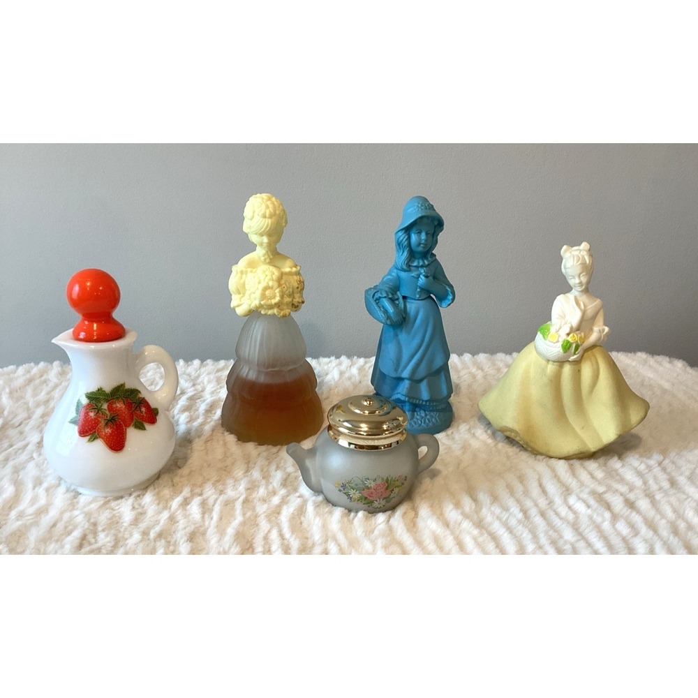 Lot of 5 VTG  Avon Perfume Bottles 1970s Flower Girls Strawberry Jug Body Powder